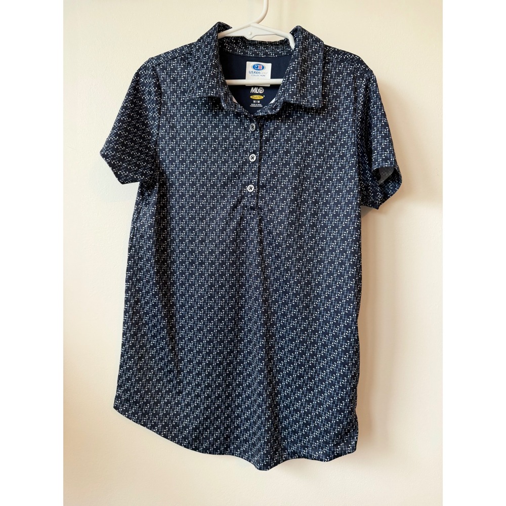 US Kids Golf Greg Norman Navy Blue Geometric Tee Print Polo Shirt ML75 PlayDry M